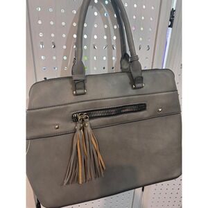Chic Faux Leather Tote Bag Gray Double Handle Top Zip Tassel Accent